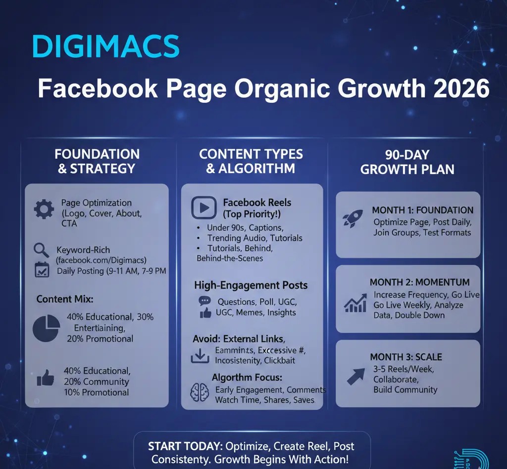 An infographic by Digimacs titled 'Facebook Page Organic Growth 2026' featuring a 3-column strategy covering Foundation & Strategy, Content Types & Algorithm, and a 90-Day Growth Plan.