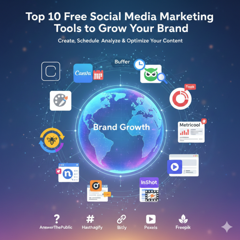 An infographic showing a digital globe surrounded by icons of social media marketing tools like Canva, Buffer, Metricool, and Notion, titled "Top 10 Free Social Media Marketing Tools to Grow Your Brand."