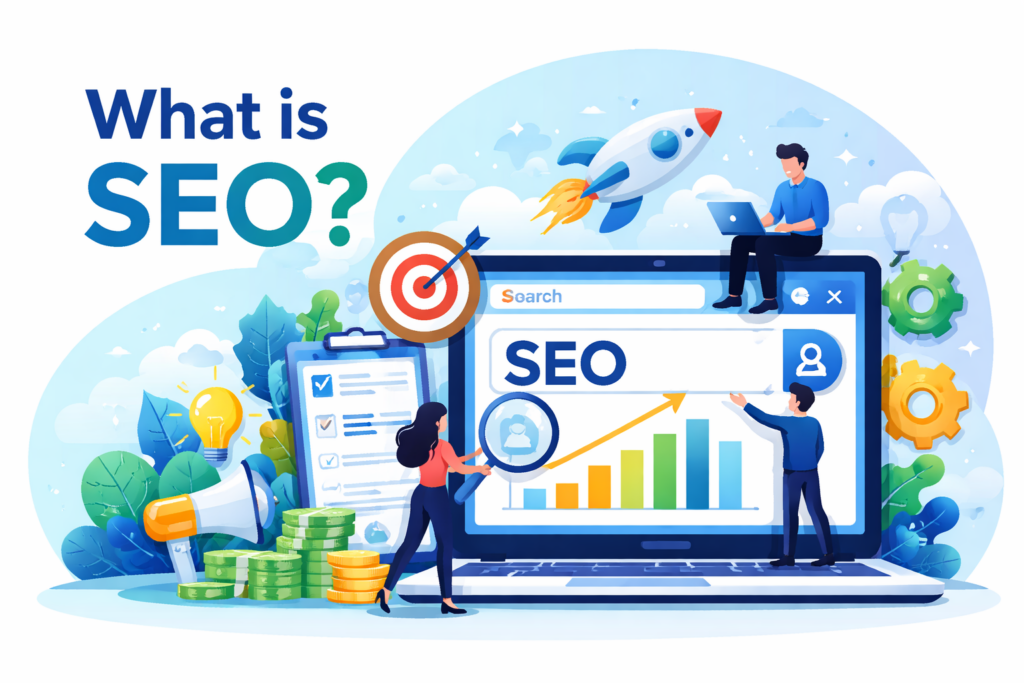 Illustration explaining SEO (Search Engine Optimization) with laptop, growth chart, target icon, and digital marketing elements showing website ranking improvement.
